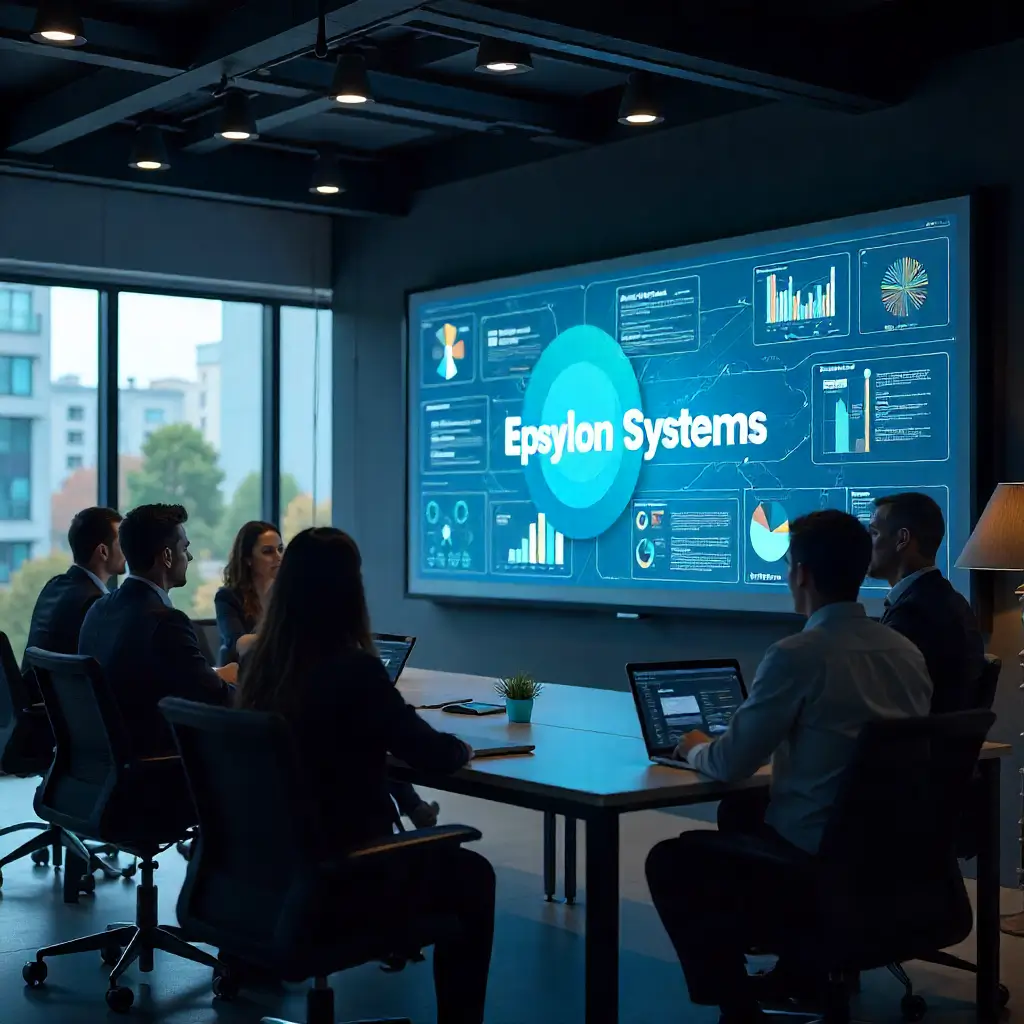Professional meeting with a screen displaying Epsylon Systems and business analytics graphs.
