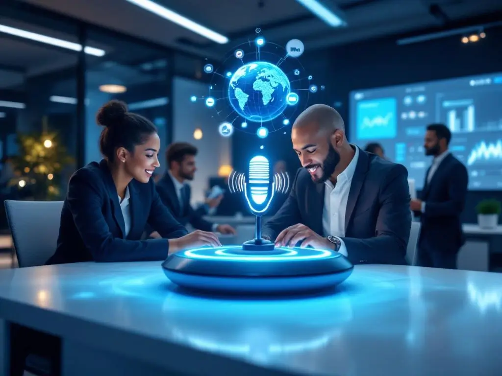 Professionals using holographic microphones for global communication and AI voice automation solutions.