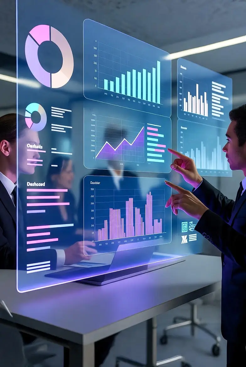 Business professionals analyzing holographic dashboards for predictive analytics and business intelligence solutions.