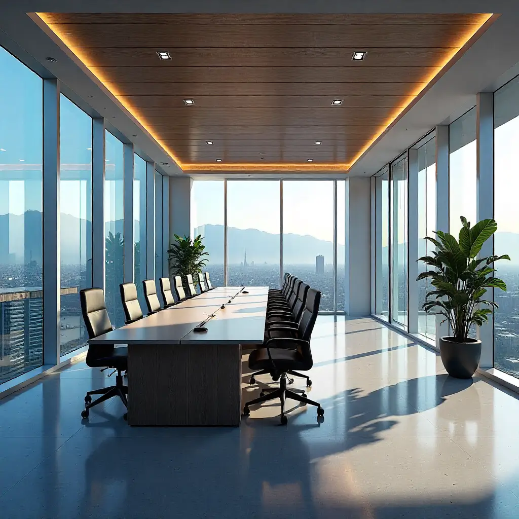 Modern meeting room with panoramic city views, ergonomic chairs, and a professional setting for business meetings.