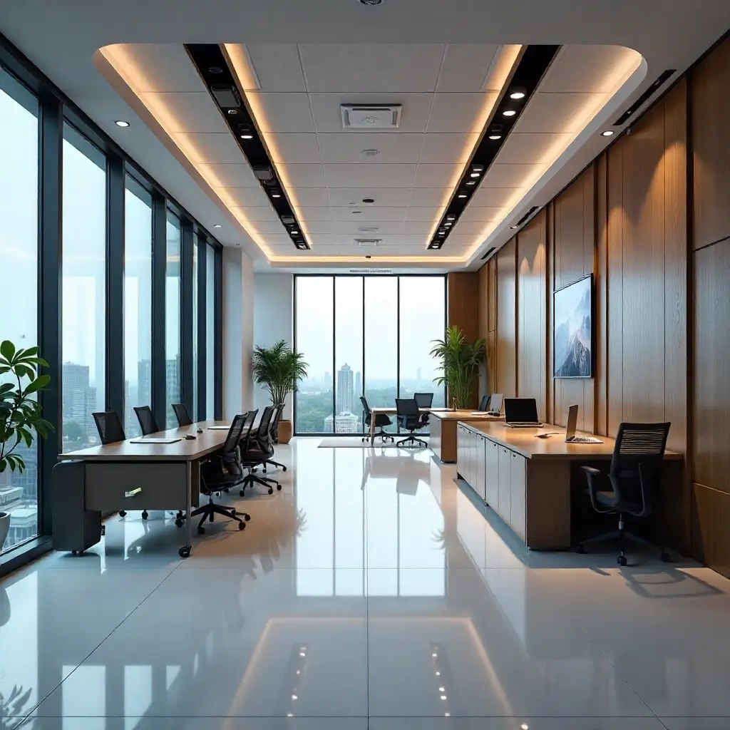 Modern office space with large windows, ergonomic furniture, and a panoramic city view.