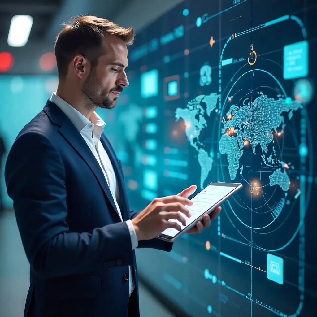 Professional using a tablet to analyze global business analytics and data graphs.