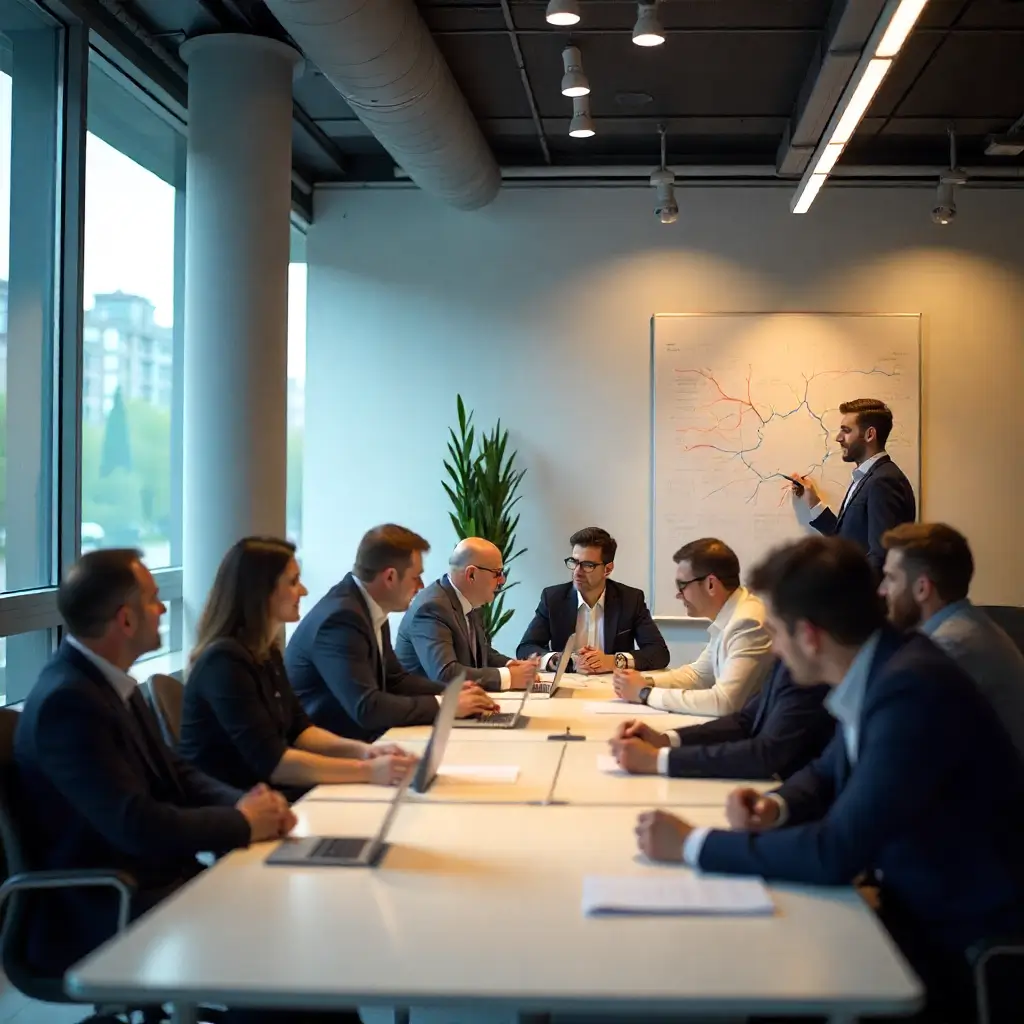 Professional meeting with attendees and a presenter explaining a strategy in front of a map.