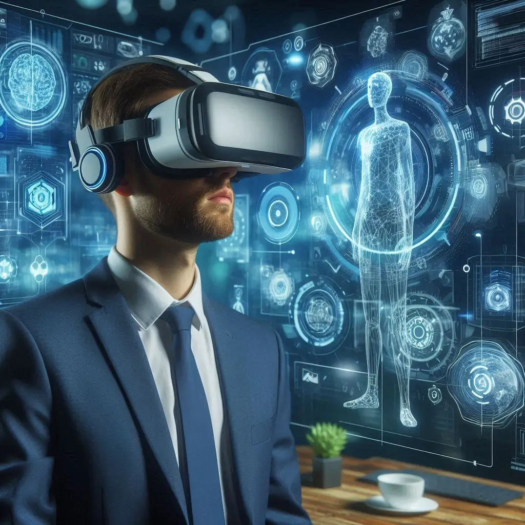 Person using a virtual reality headset for immersive AI training solutions.